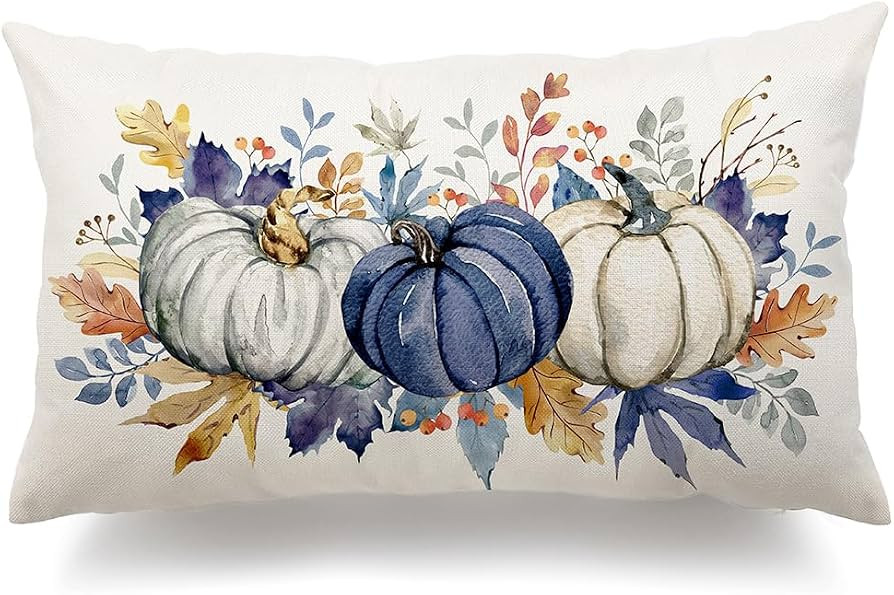 FXSZ Fall Pillow Covers 12x20 Dark Blue White Pumpkin Leaf Autumn Decor | Amazon (US)