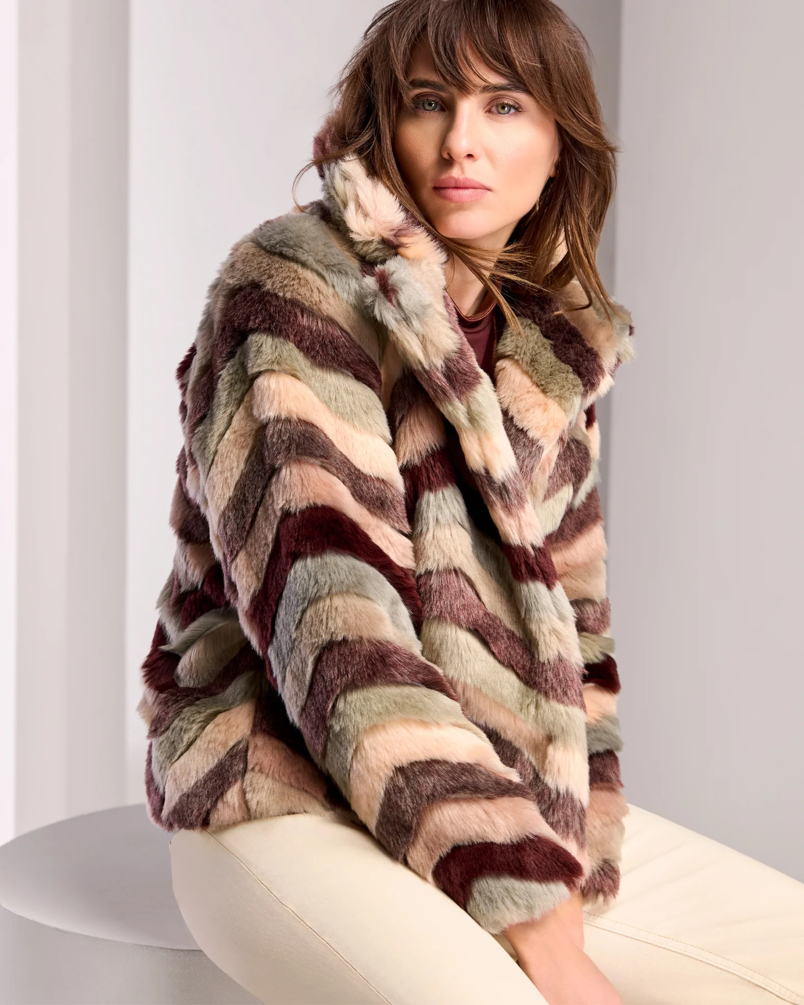 Cropped Chevron Faux Fur Jacket - Merlot | Boston Proper
