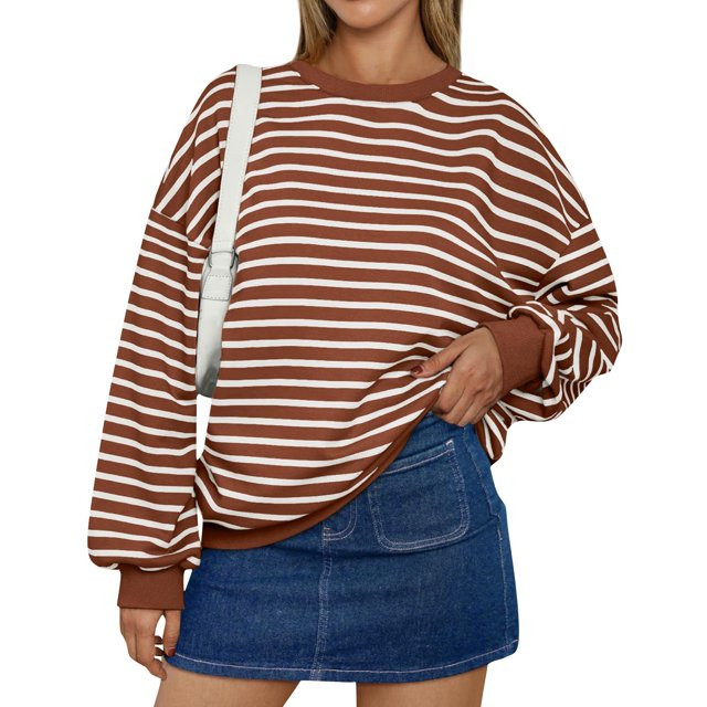 HaHaHappy Women's Striped Pullover Tops 2024 Fall Clothes Long Lantern Sleeve Soft Loose Crew Nec... | Walmart (US)