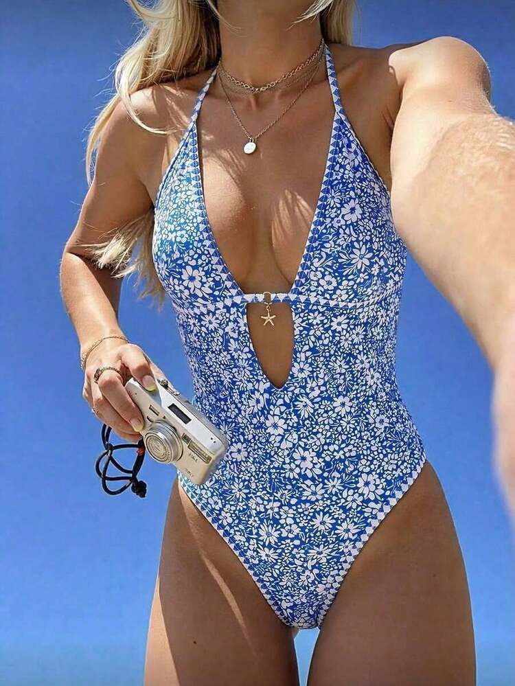 Swim Mod 2026 New Women's Summer Beach Vacation Blue & White Pattern Print Spaghetti Strap Hollow Back Sexy High Cut One-Piece Swimsuit | SHEIN