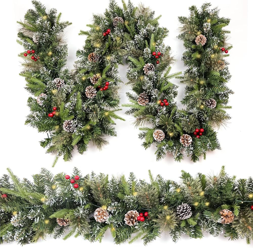 HomeKaren Christmas Garland Snowy 9ft with 50 Lights, Christmas Decor with 50 Light Timer for Man... | Amazon (US)