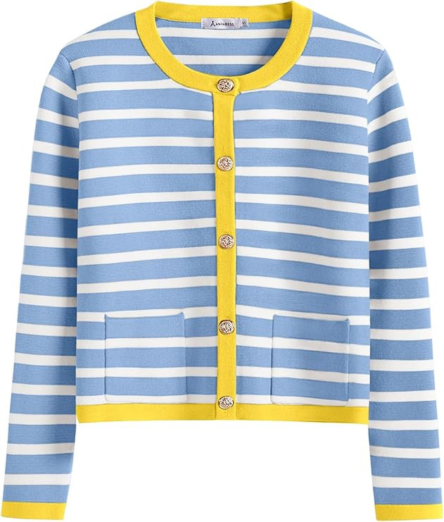ANRABESS Women Striped Cardigan Sweaters Button Down Cropped Knit Lady Jackets Coat 2025 Fall Out... | Amazon (US)