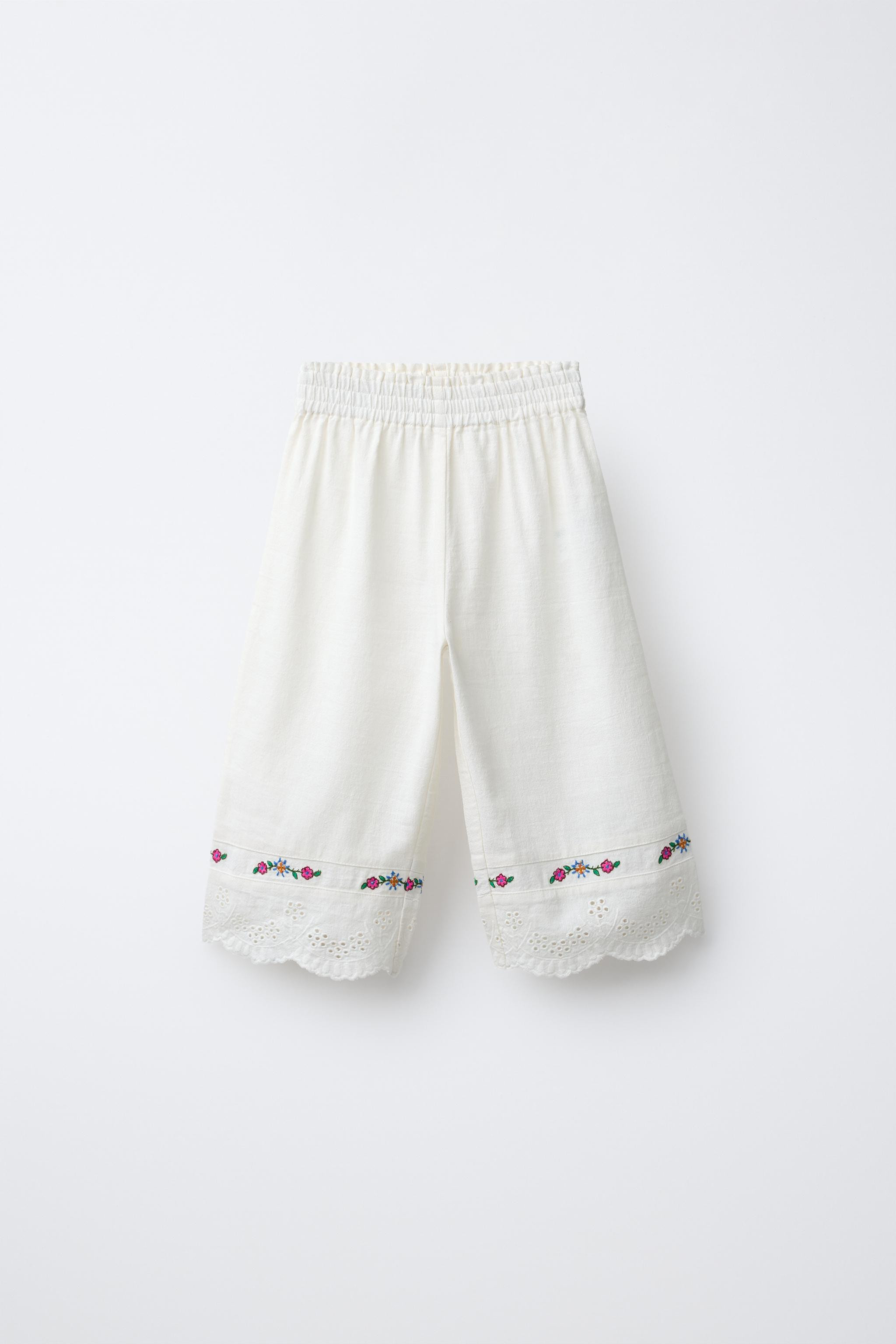 EMBROIDERED FLORAL COTTON AND LINEN CULOTTES | Zara US
