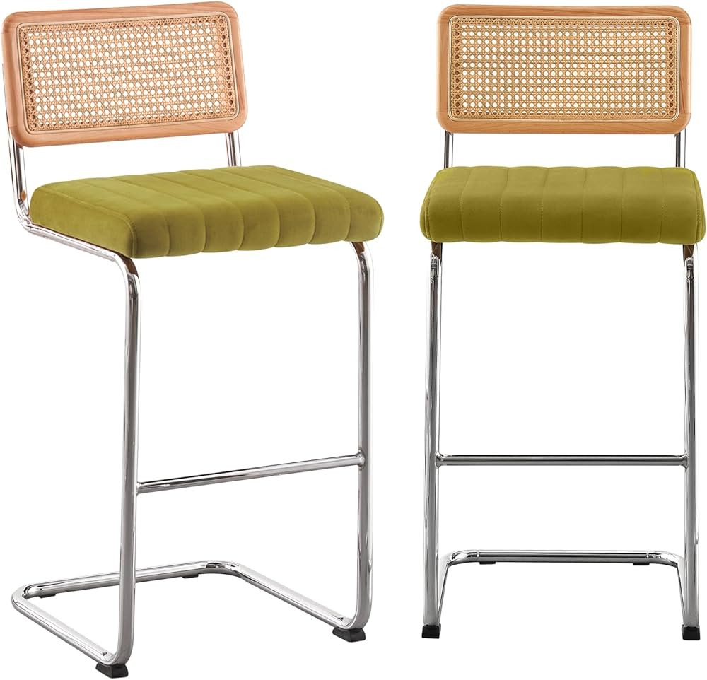 Counter Height Bar Stools Set of 2, 26" Rattan Counter Stool Velvet Upholstered Barstool with Can... | Amazon (US)