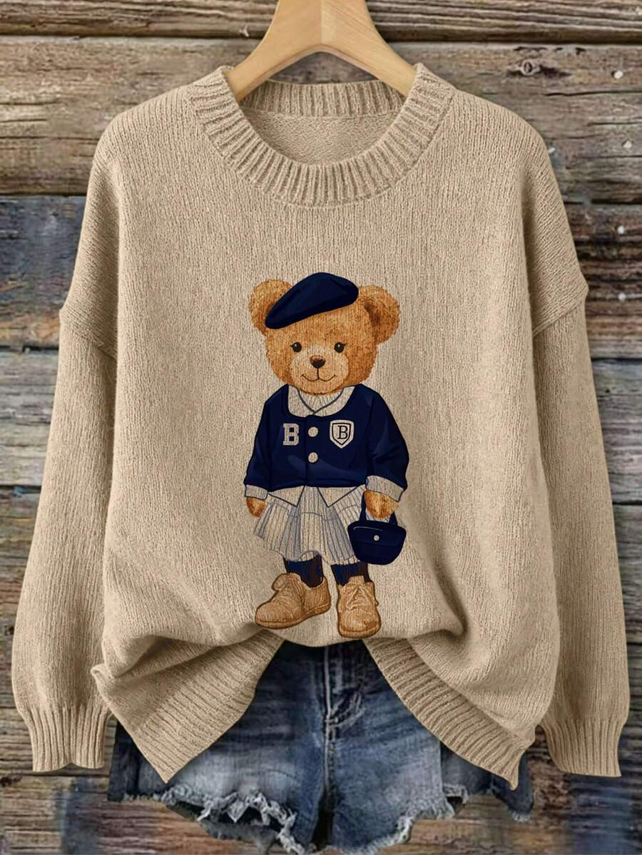 2026 Spring New Arrival Bear Graphic Print Round Neck Long Sleeve Collegiate Style Casual Pullove... | SHEIN