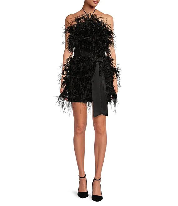 Jordana Feather Detailed Self-Tie Sash Halter Neck Mini Dress | Dillard's