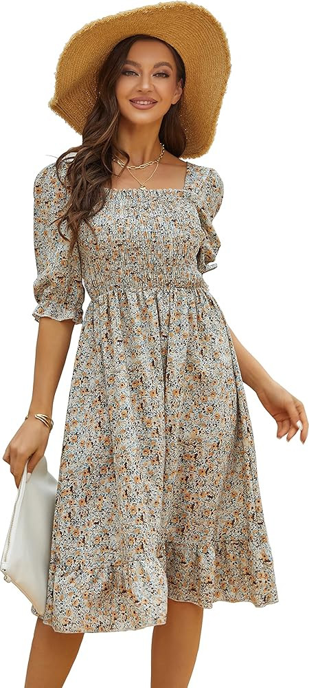 Women's Puff Sleeve Cottagecore Disty Floral Ruffle Shirred Frill Smocked Midi Dress | Amazon (US)