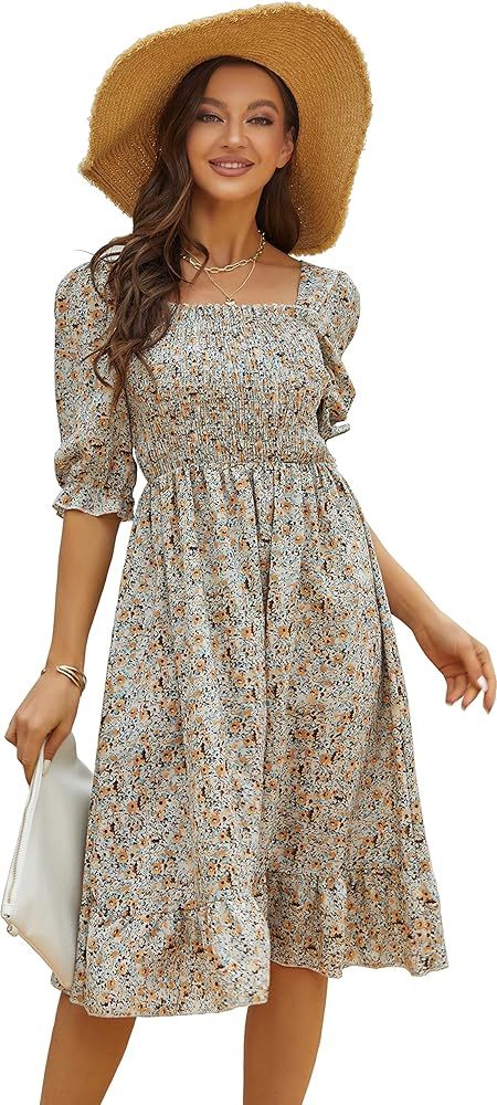 Women's Puff Sleeve Cottagecore Disty Floral Ruffle Shirred Frill Smocked Midi Dress | Amazon (US)