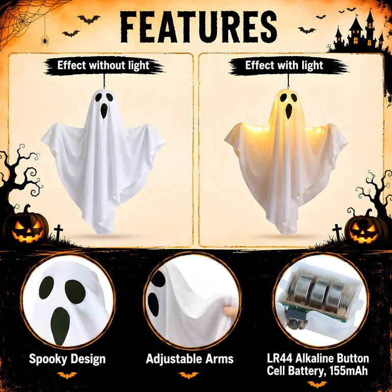 DAYBETTER Halloween Hanging Ghosts Decoration, LED White Ghost Light Up Kit Decor with adjustable... | Walmart (US)