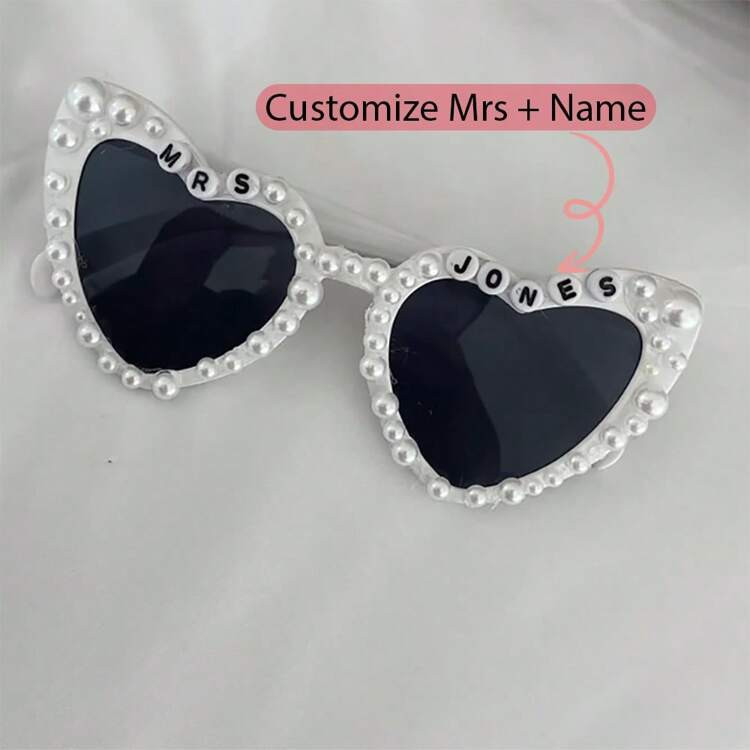 Personalized Custom Mrs + Name White Heart Pearl Fashion Glasses Bridal Shower Wedding Engagement Bachelorette Hen Party Bride Decoration Honeymoon Gift Ideal Gifts For Him, Ideal Gifts For Her | SHEIN