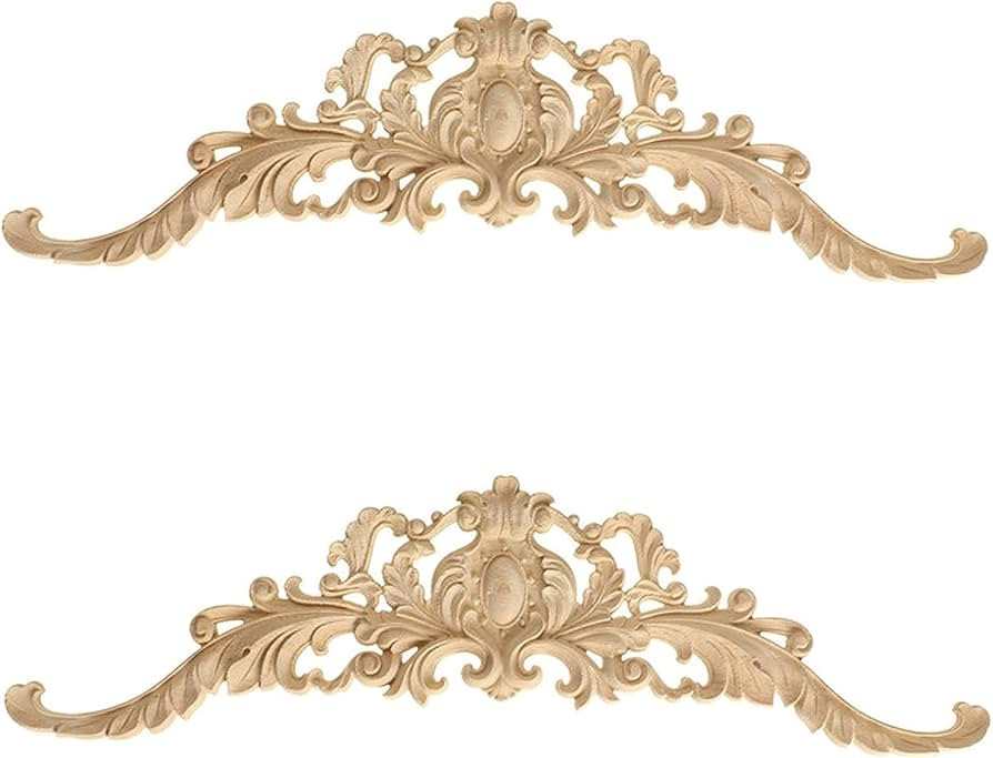2Pcs Decorative Wood Onlay Appliques, Long Wooden Door Center Decals Carvings for Cabinet Wall Be... | Amazon (US)
