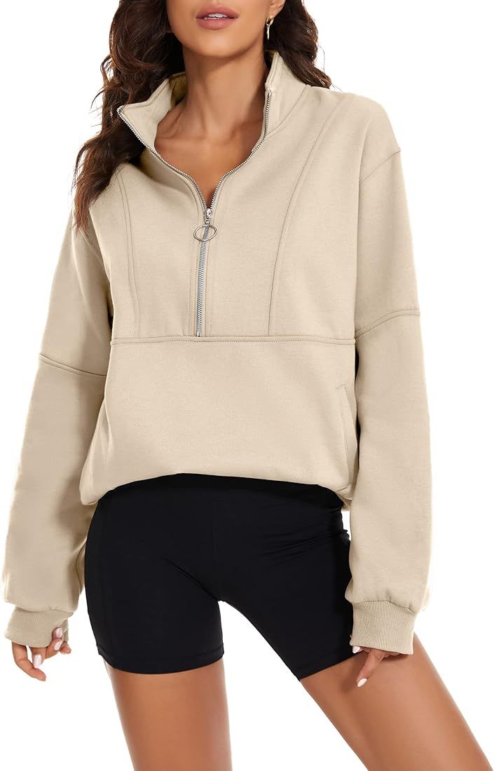 MISSACTIVER Women’s Oversized Half Zip Sweatshirt Quarter 1/4 Zipper Long Sleeve Drop Shoulder Pocke | Amazon (US)