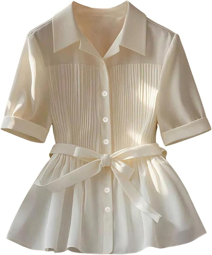 SweatyRocks Women's Pleated Short Sleeve Chiffon Blouse Collar Button Down Peplum Tops | Amazon (US)