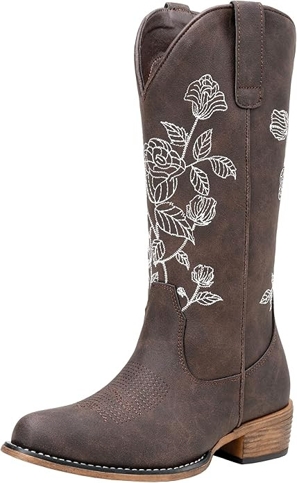 Jeossy Women's Cowboy Mid Calf Boots with Embroidery Flower, Low Heel Western Cowgirl 9807 Boots | Amazon (US)