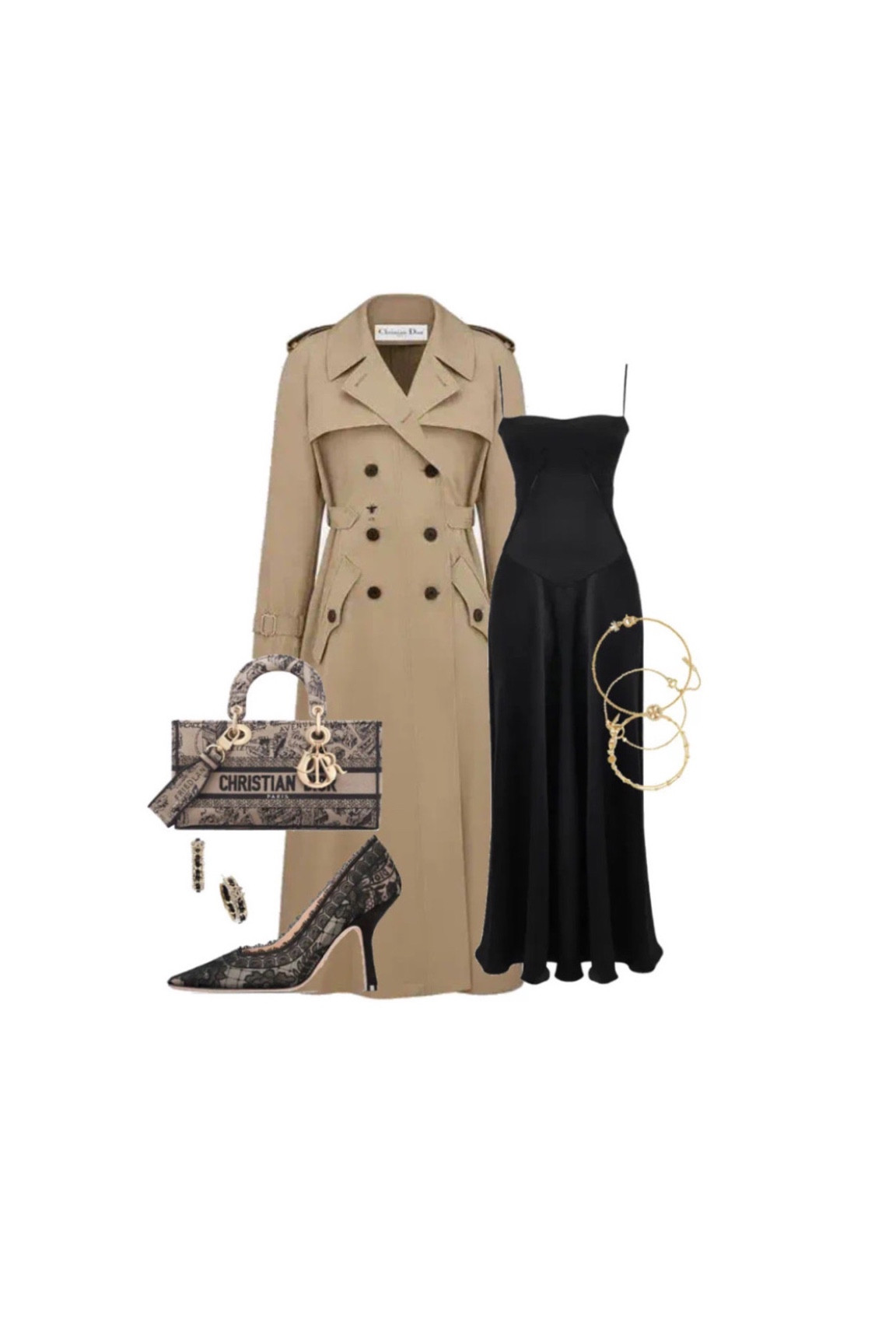 Beige trench coat 
Black slip dress 
Dior bag 
Dior shoes 
Gold accessories 
Night out 

#LTKBacktoSchool #LTKworkwear #LTKSeasonal