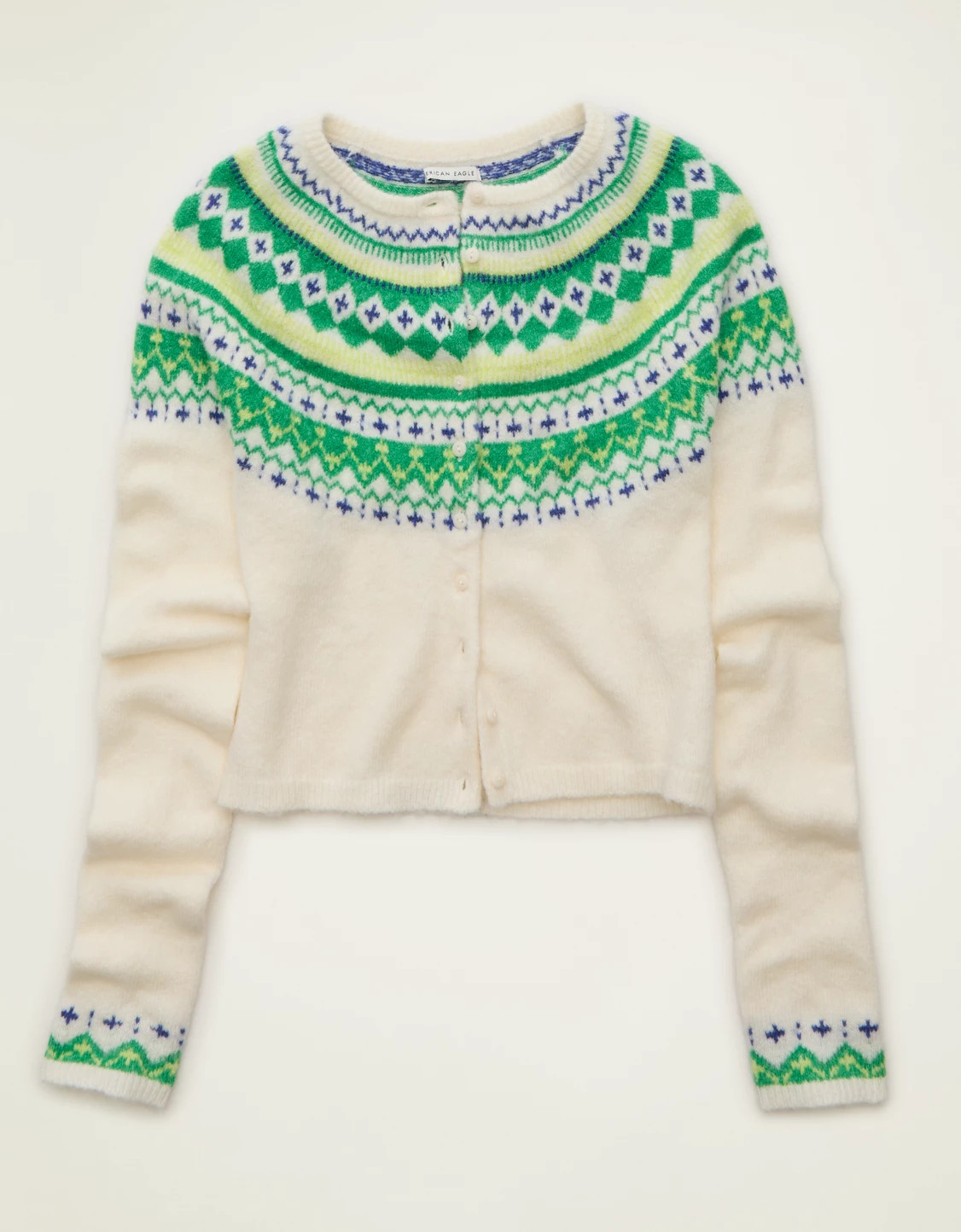 AE Whoa So Soft Shrunken Fairisle Cardigan Sweater Women's Lime L | American Eagle Outfitters (US & CA)