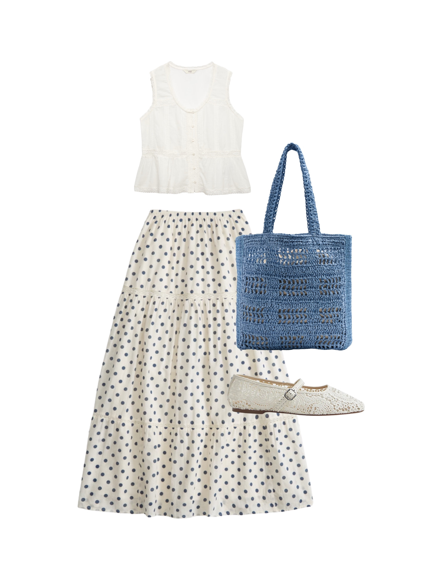 Frilly and fun polka dot spring outfit inspo. Lacey frilly top and skirt with baby blue and white mesh accessories 

 #LTKspring #LTKstyletip
