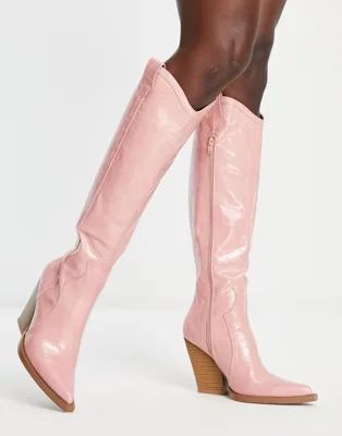 ASOS DESIGN Catapult heeled western knee boots in pink croc | ASOS (Global)