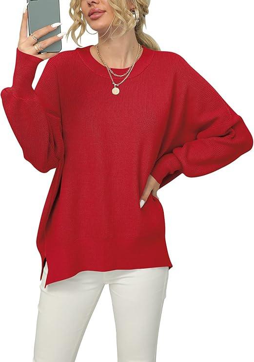 ANRABESS Women Crewneck Batwing Sleeve Oversized Side Slit Ribbed Knit Pullover Sweater Top | Amazon (US)