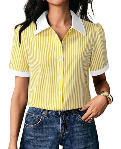 Yellow Striped Button Down Striped Button Down Shirt Short Sleeve Dress Shirt V Neck Collar Fit Spring and Summer Bobo French Petite Blouse Button Up Lightweight Western Top Tunic Yellow Stripe XL | Amazon (US)