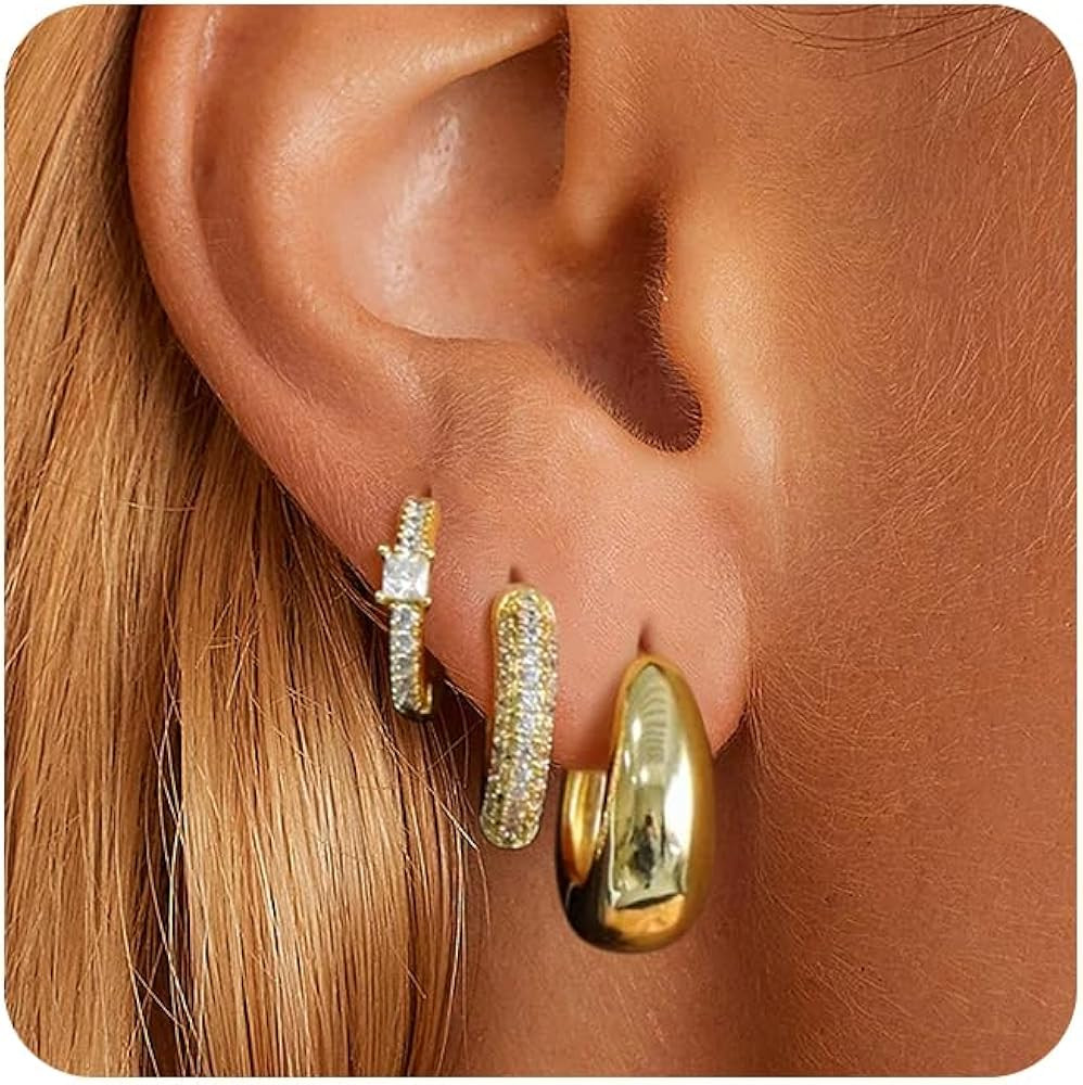 Gold Hoop Earrings Set for Women, 14K Gold Plated Small Gold Earrings Sets for Multiple Piercing,... | Amazon (US)