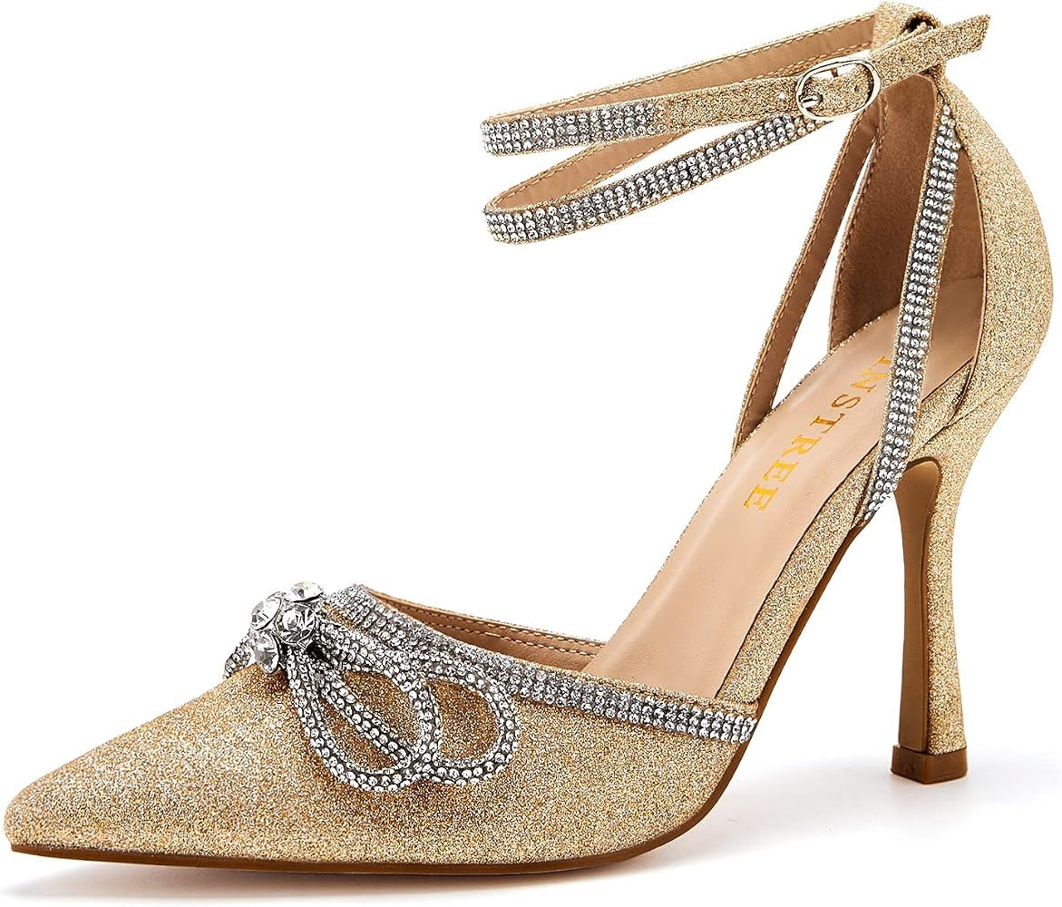 TINSTREE Women's Rhinestone Ankle Strap Heeled Sandals Pointy Toe Stilettos High Heels Pumps Lace... | Amazon (US)
