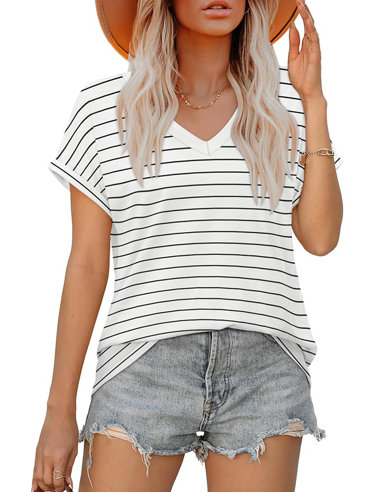 XIEERDUO Womens Summer Tops Short Sleeve Shirts Casual V Neck T Shirt Loose Fit Comfy | Amazon (US)