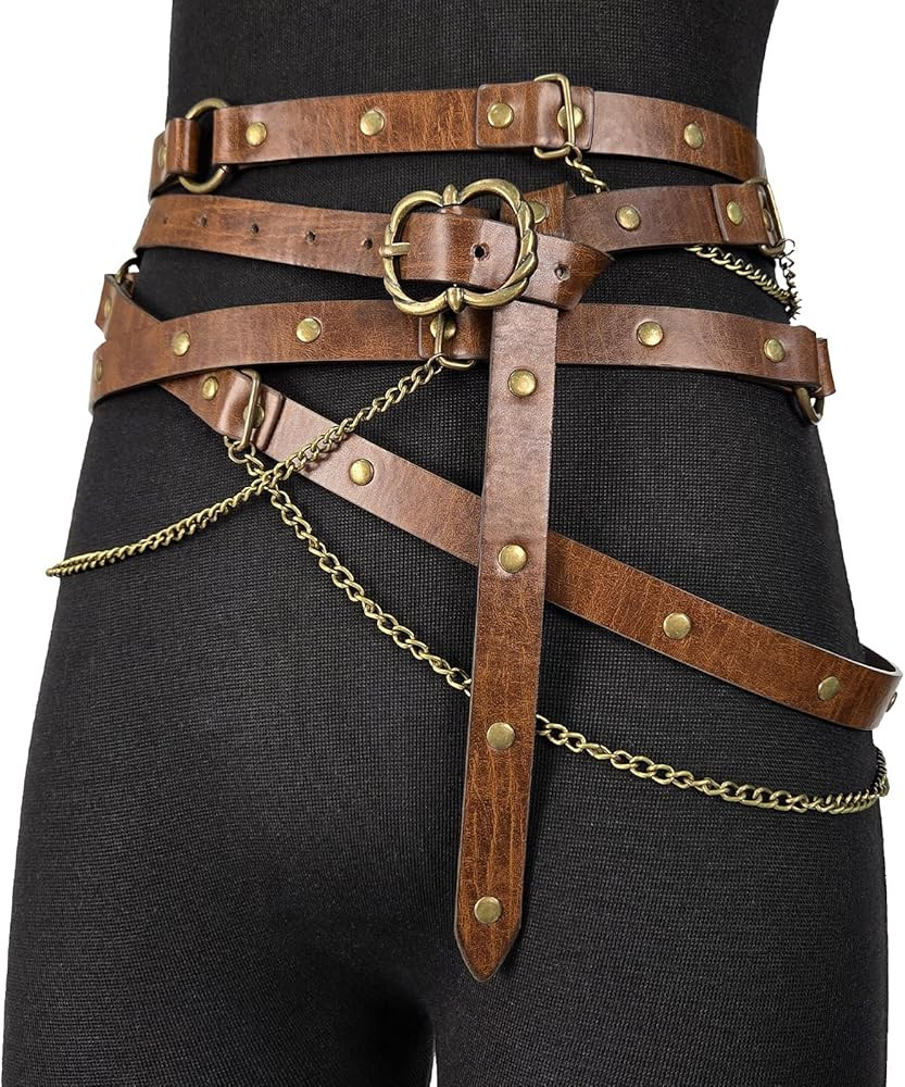 HiiFeuer Medieval DIY Faux Leather Metal Chain Belt, Vintage Adjustable Thin Belt For Women, Retr... | Amazon (US)