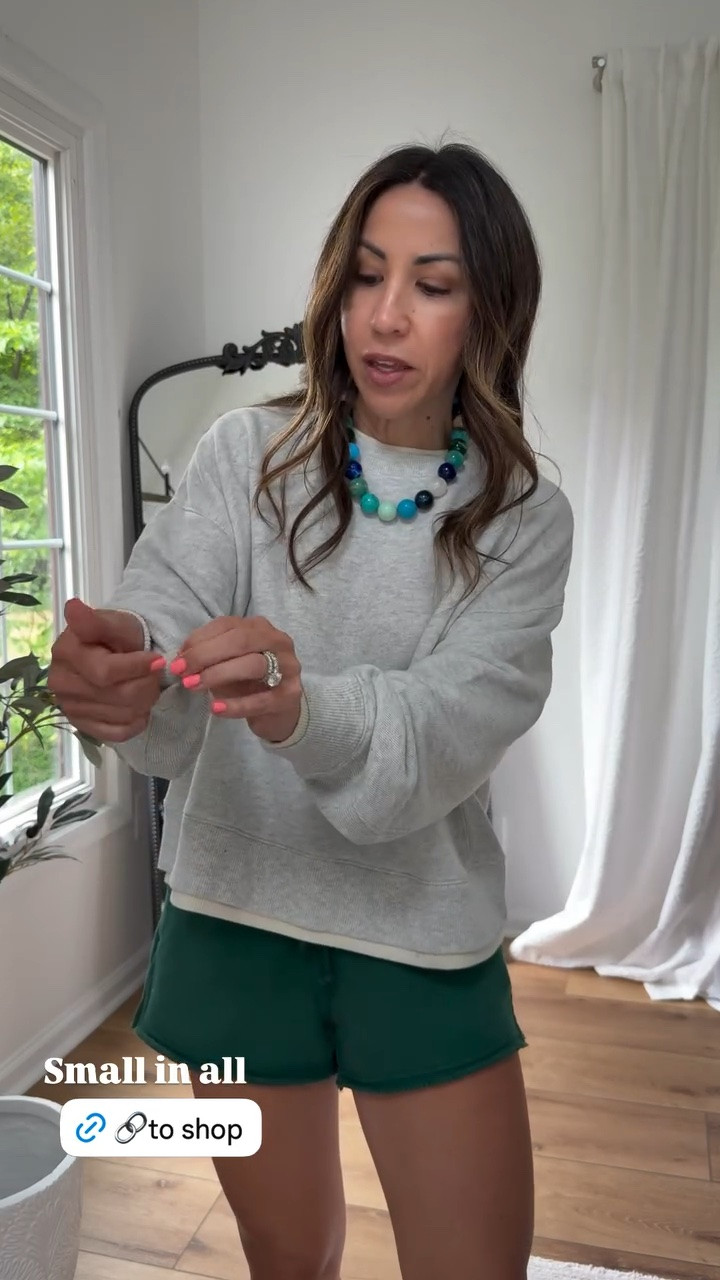 Small green shorts. Small sweatshirt.

#LTKOver40 #LTKSaleAlert