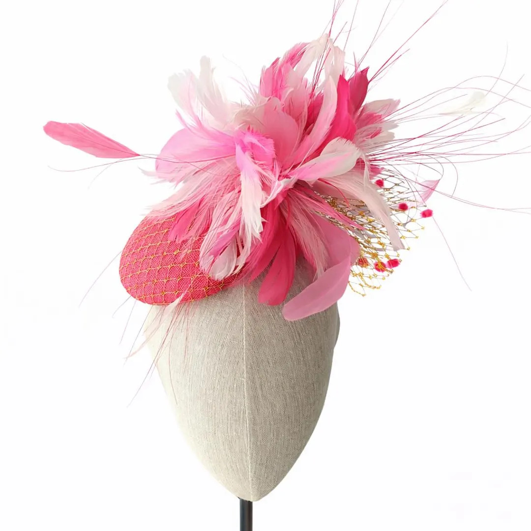 Pink Shades With Gold, Kentucky Derby Hat. Feather Fascinator, Gold Veiling. Bridal Shower, Mothe... | Etsy (US)