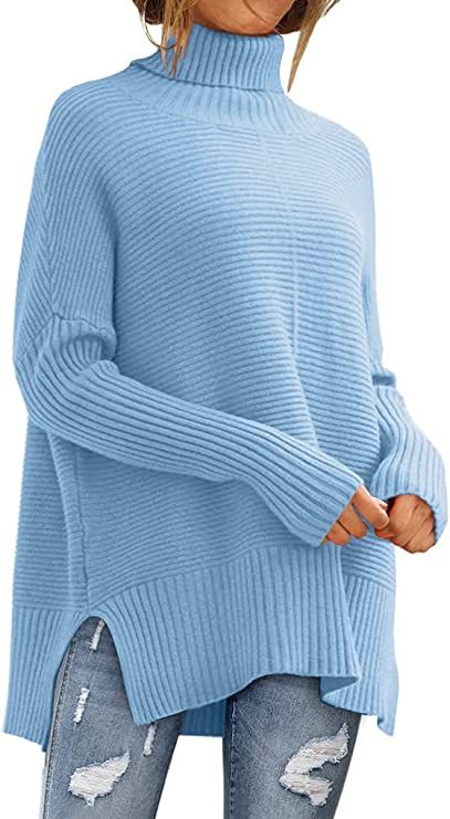 LILLUSORY Womens Turtleneck Oversized Tunic Fall Sweaters 2022 Long Batwing Sleeve Spilt Hem Pull... | Amazon (US)