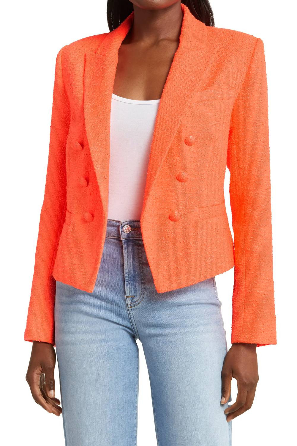 Pre-Loved Brooke Double Breasted Tweed Cropped Blazer In Bright Orange | Shop Simon