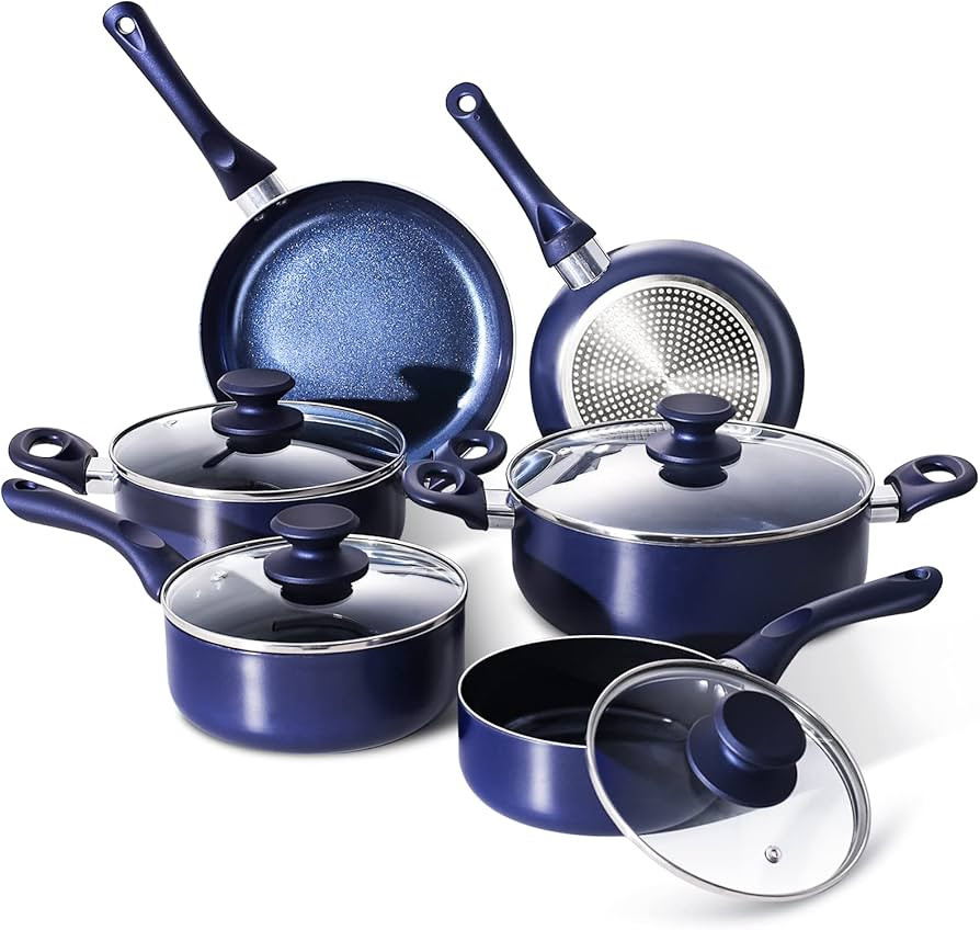Pots and Pans Set,Aluminum Cookware Set, Nonstick Ceramic Coating, Fry Pan, Stockpot with Lid, Bl... | Amazon (US)