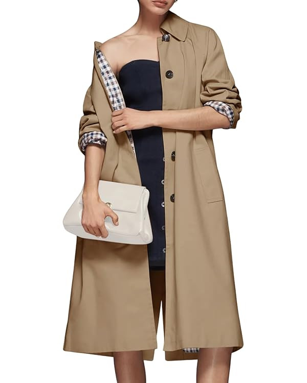 Womens Long Trench Coat Single Breasted Lapel Plaid Lined Oversized Windproof Fashion Autumn Wint... | Amazon (US)