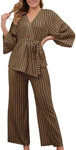 VibeVista Striped Pajamas for Women Set Kimono Lounge Sets 2 Piece Long Sleeve Pajama Tops and Pa... | Amazon (US)