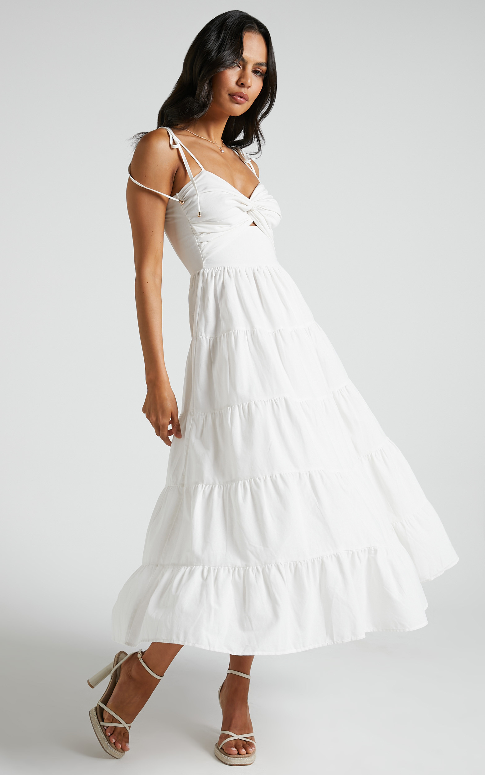 Leticia Maxi Dress - Twist Front Tie Strap Tiered Dress in Off White | Showpo (US, UK & Europe)