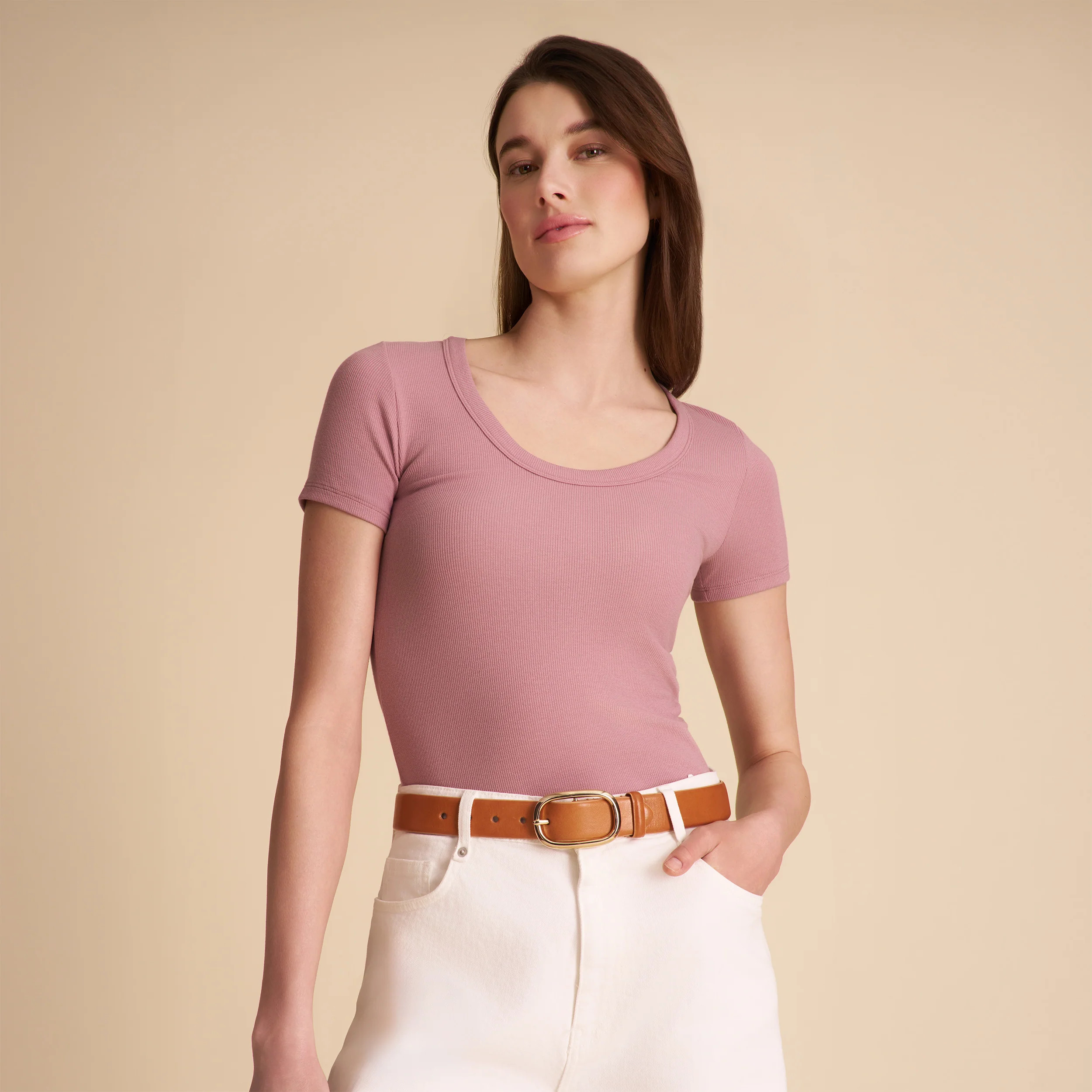 Avi Scoopneck T-Shirt - Ribbed Pima Cotton :: Rose | MM LaFleur