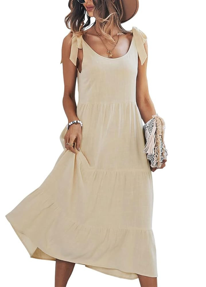 chouyatou Women's Summer Adjustable Spaghetti Strap Solid Ruffle Swing Midi Dress | Amazon (US)