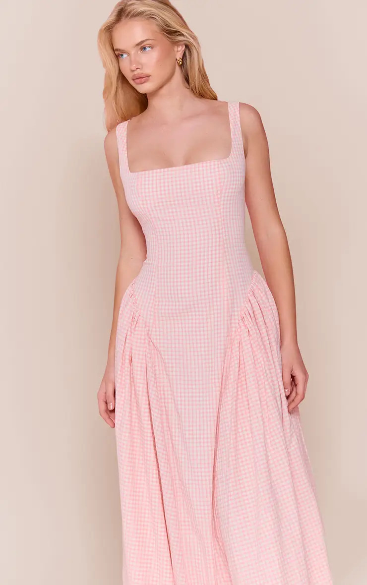 Baby Pink Gingham Square Neck Maxi Dress | PrettyLittleThing USA | PrettyLittleThing US