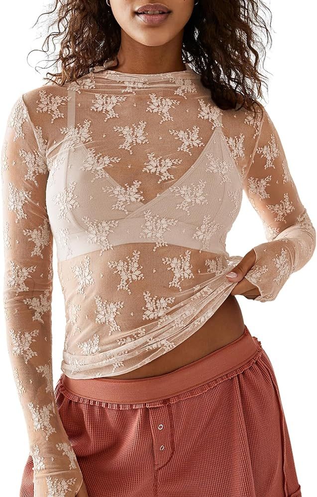 Women's Mesh Tops Sexy Long Sleeve Mock Neck Sheer Blouse Lace Floral See Through Layering Top(Ap... | Amazon (US)