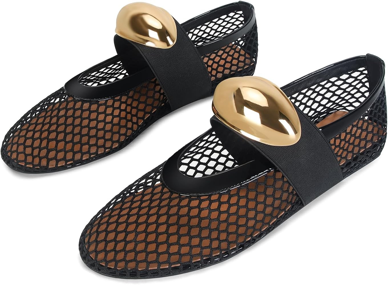 DOEYG Mesh Ballet Flats for Women Buckle Strap Comfy Casual Office Fishnet Ballerina Flat Shoes | Amazon (US)