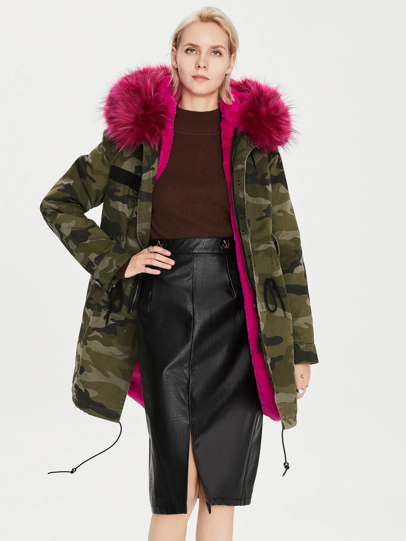 JAZZEVAR Faux Fur Hooded Camo Drawstring Parka Coat | SHEIN