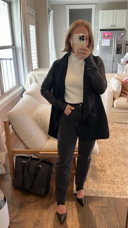Cute work wear outfit! Great for meetings & events too! The pants can be dressy and dressed down because they are denim in the front and leather in the back! I LOVE THEM 10/10

#LTKstyletip #LTKshoecrush #LTKworkwear