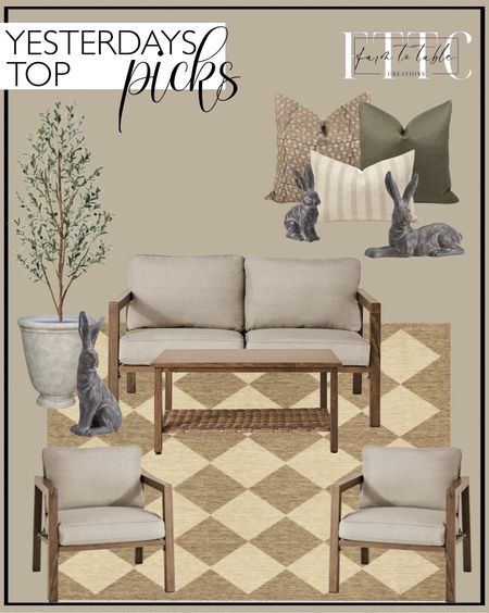 Yesterday’s Top Picks. Follow @farmtotablecreations on Instagram for more inspiration.

Better Homes & Gardens Willow Springs 4-Piece Wicker Outdoor Conversation Set with Cushions, Brown/Gray. nuLOOM Sabina Diamond Trellis Indoor/Outdoor Area Rug. 6 ft Artificial Olive Plants with Realistic Leaves and Natural Trunk, Silk Fake Potted Tree with Wood Branches and Fruits, Faux Olive Tree for Office Home Decor. Better Homes & Gardens Ember Gray Resin Planter, 16in x 16in x 18in. Essex Handcrafted Bunny Sculptures. PILLOW COMBO | Warm Neutrals, Camel Floral Pillow, Green Pillow, Cream Stripe Pillow, Pillow Combination. Outdoor Patio. Outdoor Furniture. Outdoor Living Space. Pottery Barn Decor. 

#LTKfindsunder50 #LTKsalealert #LTKhome
