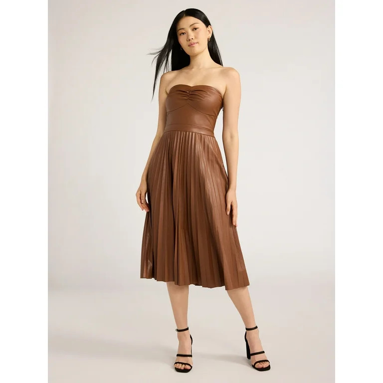 Scoop Women's Ultimate Faux Leather Strapless Pleated Midi Dress, Sizes XS-XXL | Walmart (US)