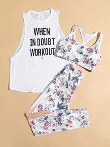 3pcs Slogan & Floral Print Workout Gym Set Racerback Bra & Tank & Yoga Leggings SKU: swspset03210... | SHEIN