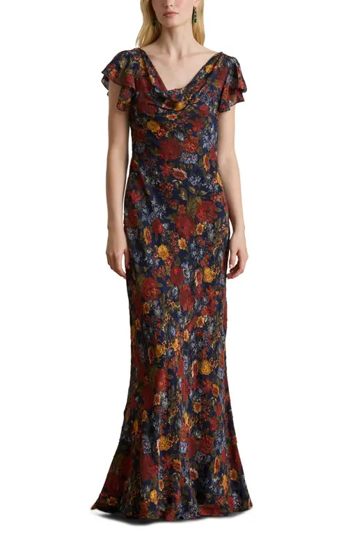 Lauren Ralph Lauren Floral Clipped Jacquard Cowl Neck Gown in Navy Multi at Nordstrom, Size 4 | Nordstrom