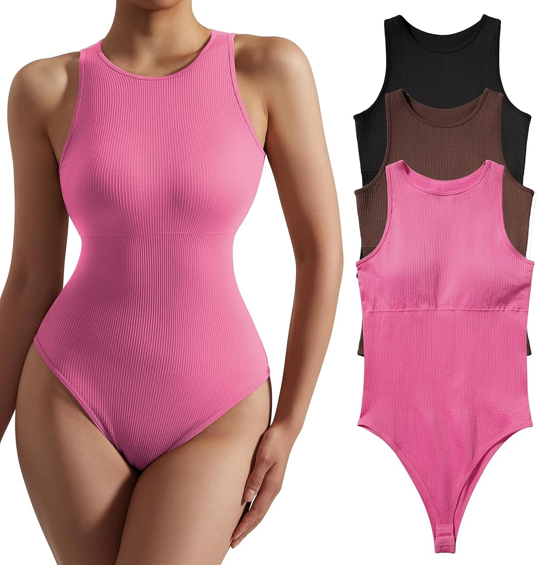 MOSHENGQI Women 3 Piece Ribbed Bodysuit Halter Neck Sleeveless Tank Tops Thong Shapewear | Amazon (US)