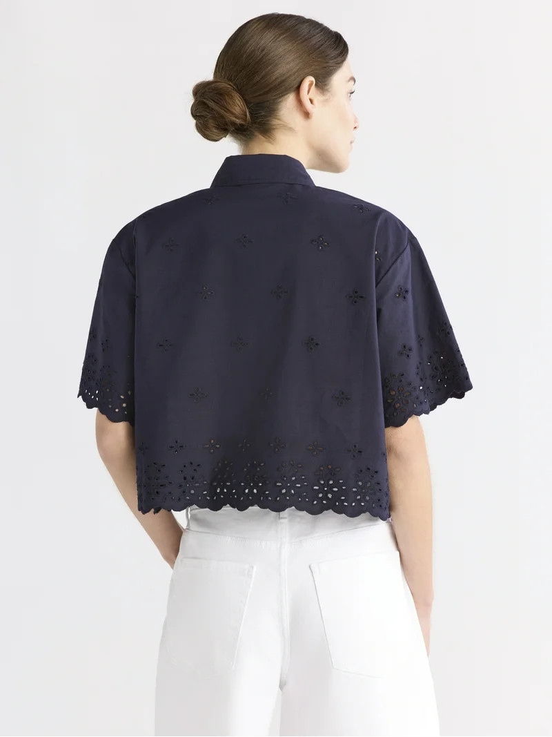 Free Assembly Women's and Women's Plus Cropped Cotton Eyelet Shirt, Sizes XS-4X | Walmart (US)
