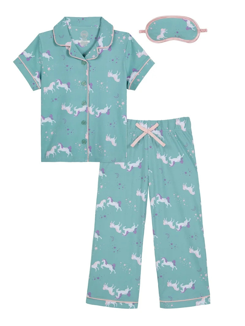 Wonder Nation Girls Button Front Short Sleeve Top & Pant Pajama Set with an Eyemask, 3-Piece, Siz... | Walmart (US)